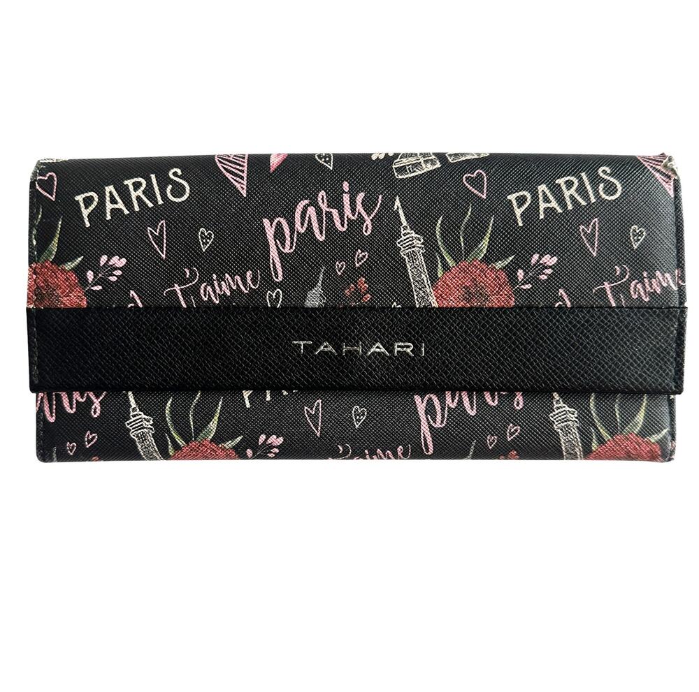 Tahari Black Paris Print Envelope-Style Wallet Womens Eiffel Tower Floral